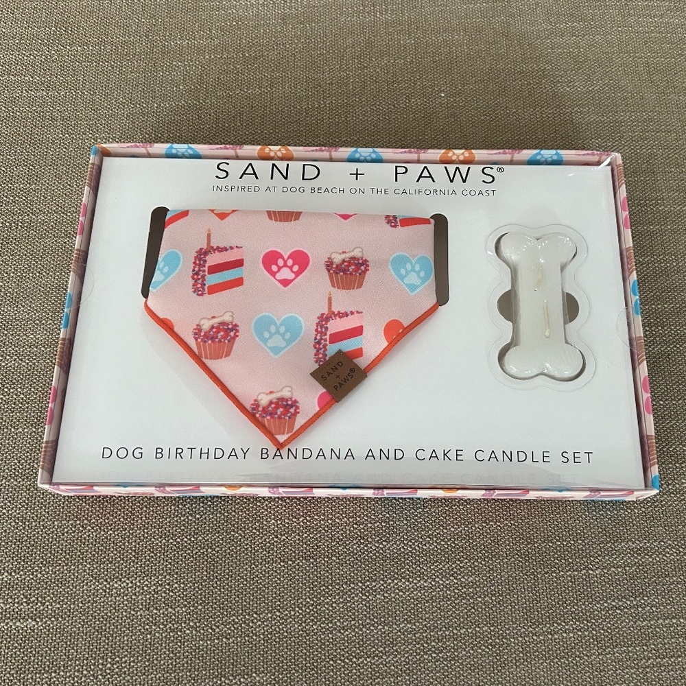 “New in box” Sand +Paws Dog Birthday Bandana & Cake Candle set